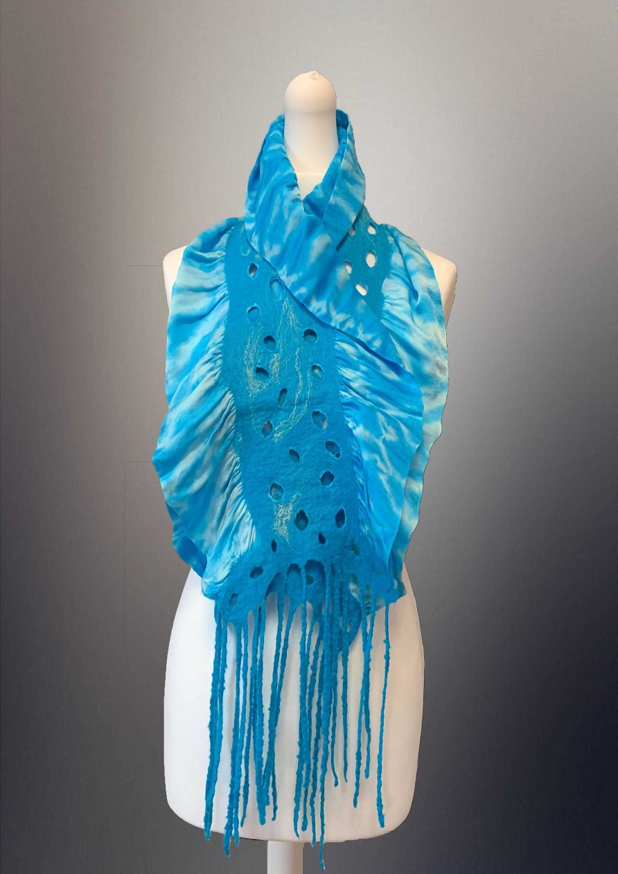 Accessories RP Felt Creations | Nuno Felt Scarf Blue Ruffle Scarf With Lace Effect In The Middle