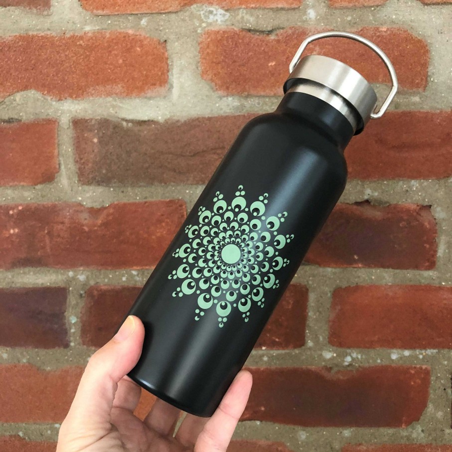 Gifts The Artful Dotter | Hand Painted Dot Mandala Thermal Infuser Flask: Thicket Green With Black