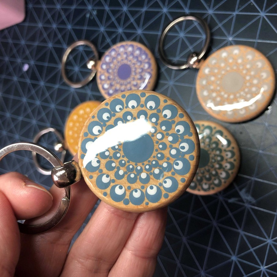 Gifts The Artful Dotter | Hand Painted Dot Mandala Wooden Key Ring: Cobblestone Grey With White