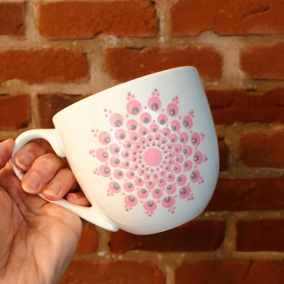 Gifts The Artful Dotter | Hand Painted Dot Mandala Large Mug: Baby Pink With Slate Grey