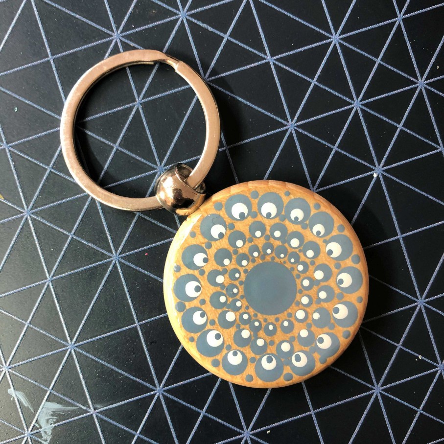 Gifts The Artful Dotter | Hand Painted Dot Mandala Wooden Key Ring: Williamsburg Blue With White