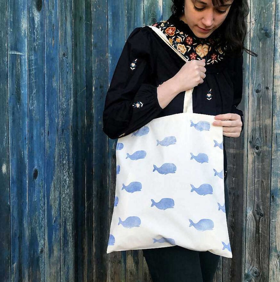 Accessories Good Day Printing | Tote- Wendy Whale Hand-Printed - Natural Canvas Tote Bag