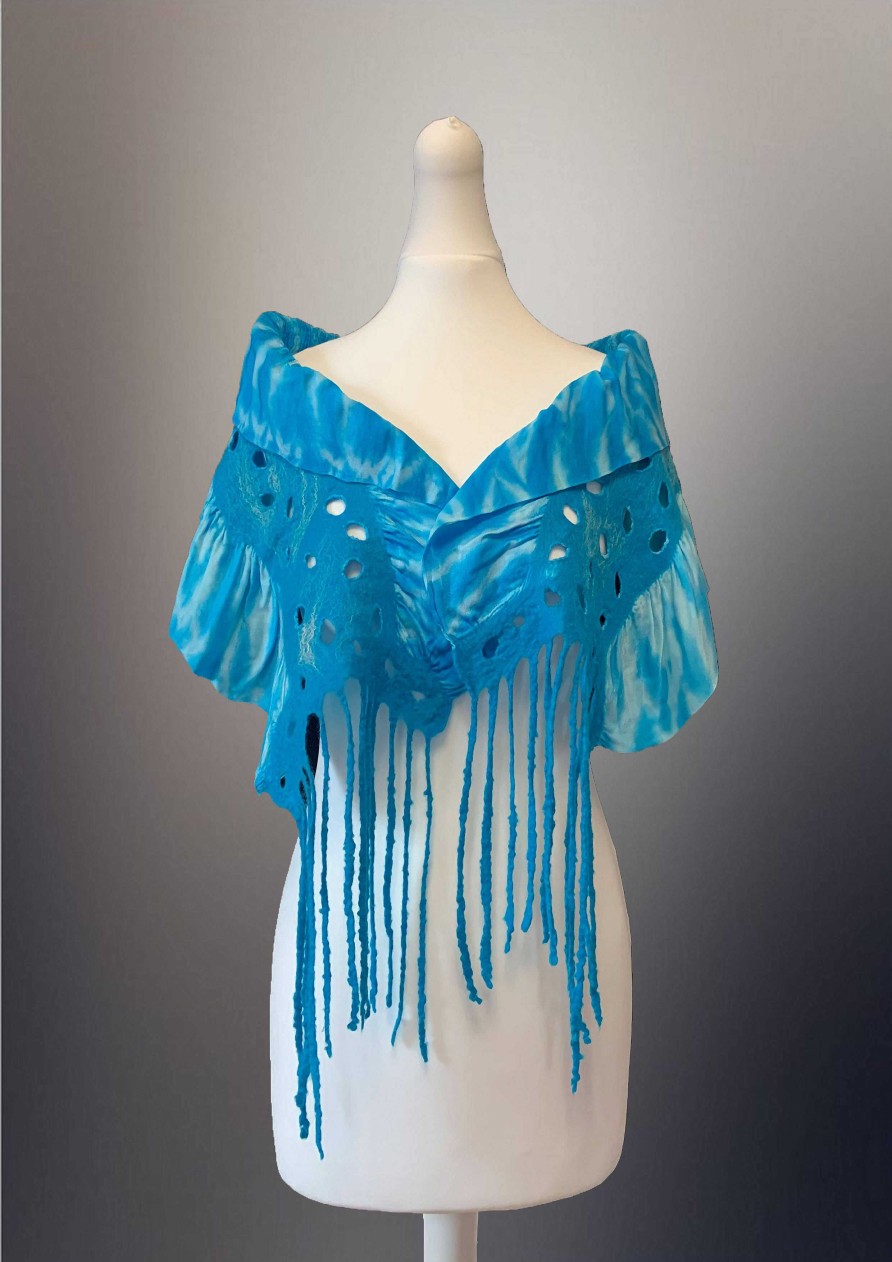 Accessories RP Felt Creations | Nuno Felt Scarf Blue Ruffle Scarf With Lace Effect In The Middle