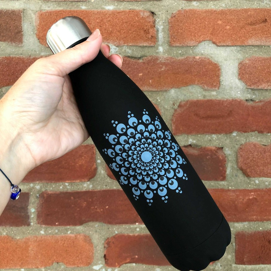 Gifts The Artful Dotter | Hand Painted Dot Mandala Thermal Water Bottle: Williamsburg Blue With Black