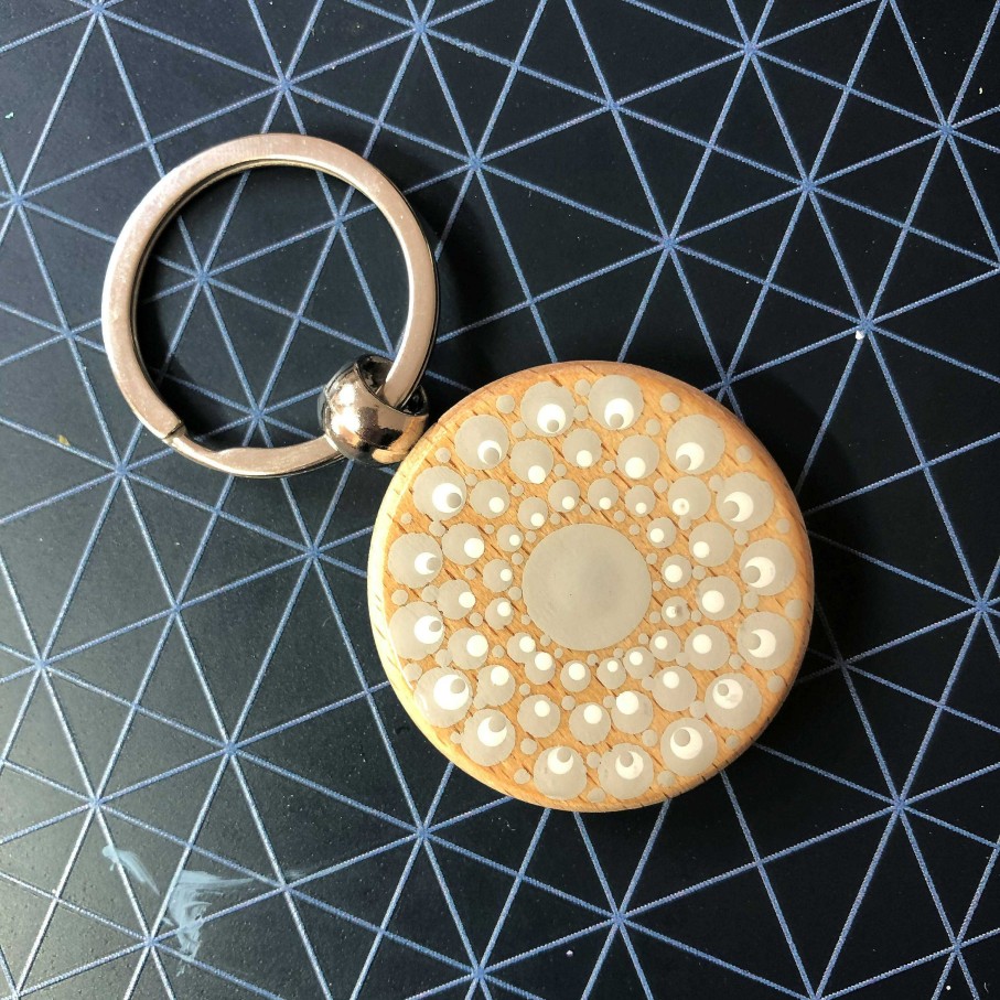 Gifts The Artful Dotter | Hand Painted Dot Mandala Wooden Key Ring: Cobblestone Grey With White