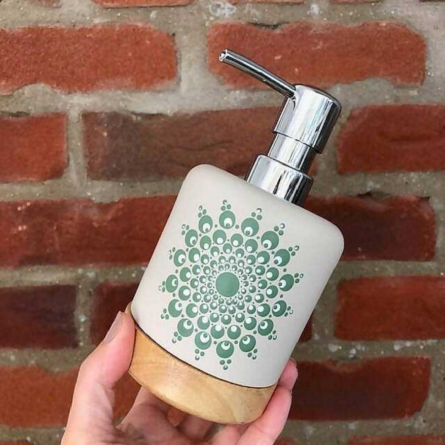 Gifts The Artful Dotter | Hand Painted Dot Mandala Scandi Soap Dispenser: Thicket Green With White