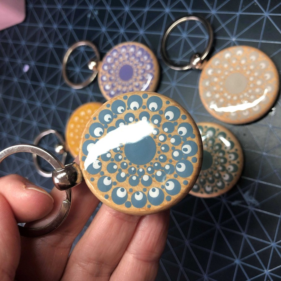 Gifts The Artful Dotter | Hand Painted Dot Mandala Wooden Key Ring: Thicket Green With White