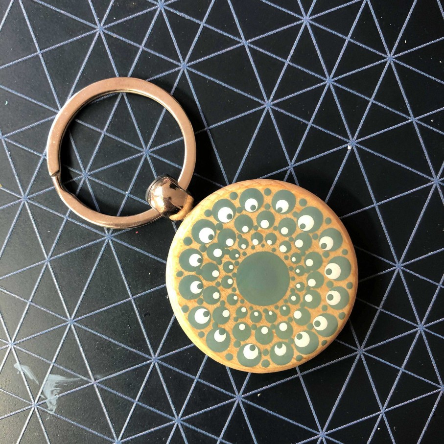 Gifts The Artful Dotter | Hand Painted Dot Mandala Wooden Key Ring: Thicket Green With White