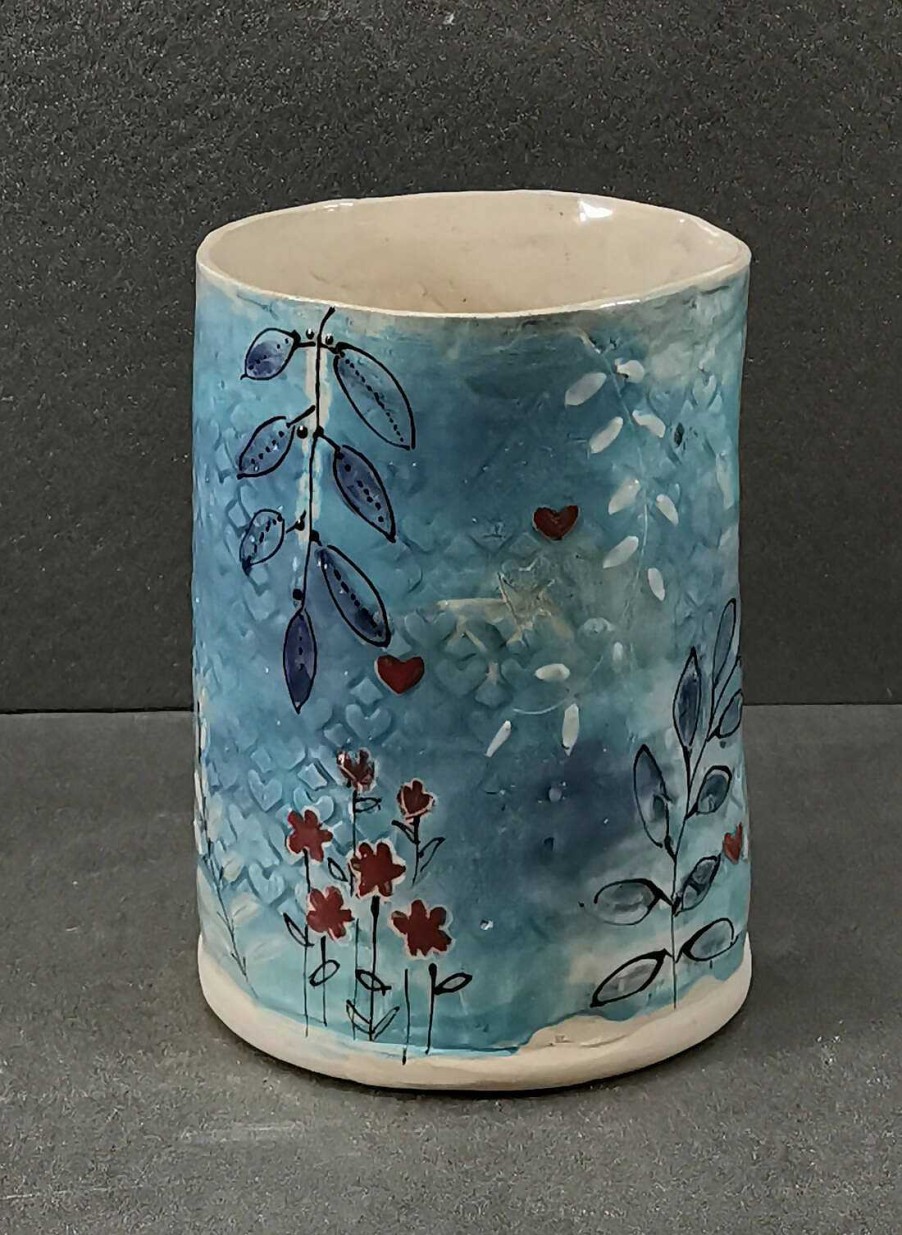 Ceramics & Pottery Kissed Frog Pottery | 0186 Blue Textured Flowers Vase