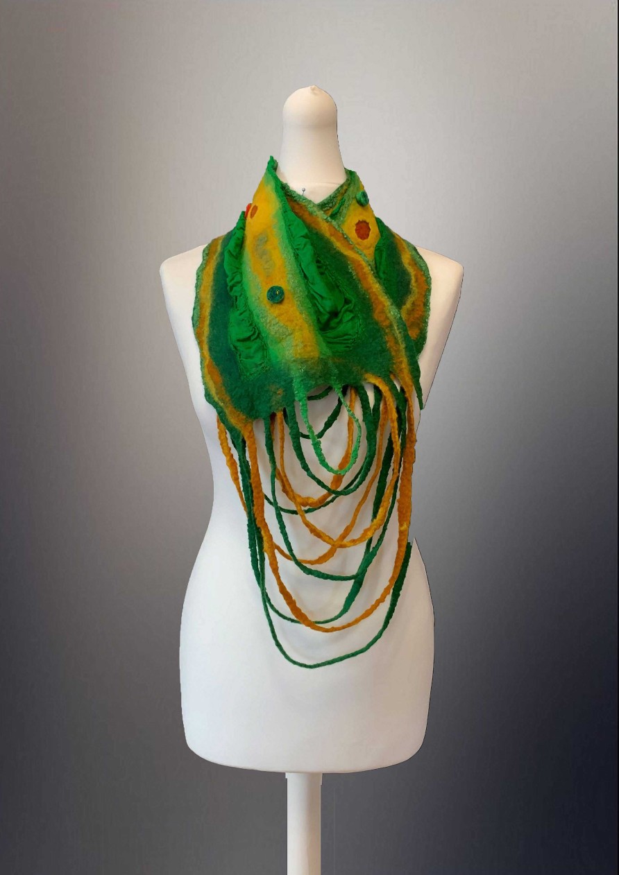 Accessories RP Felt Creations | Nuno Felt Scarf Green/ Olive Loop At The End