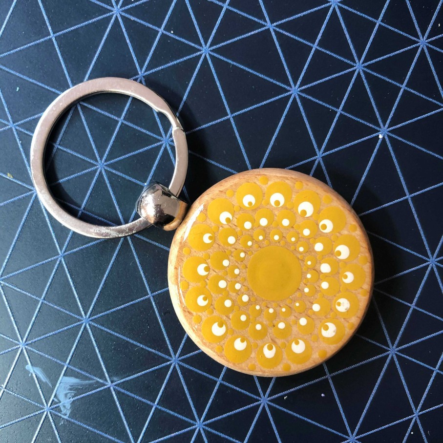 Gifts The Artful Dotter | Hand Painted Dot Mandala Wooden Key Ring: True Ochre With White