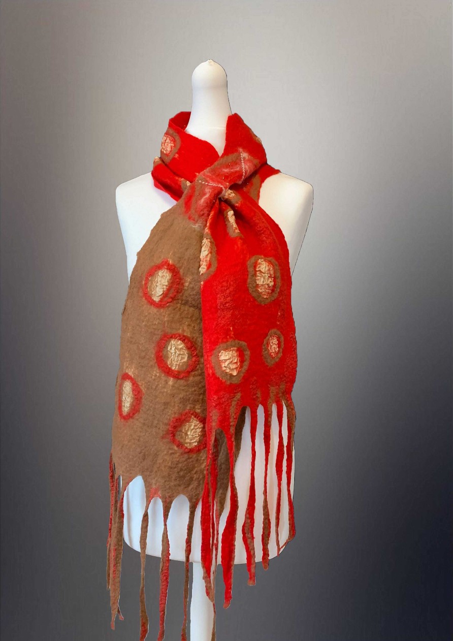 Accessories RP Felt Creations | Nuno Felt Scarf Half Red And Half Brown Nuno Felt Scarf