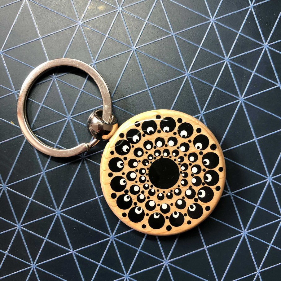 Gifts The Artful Dotter | Hand Painted Dot Mandala Wooden Key Ring: Ebony Black With White