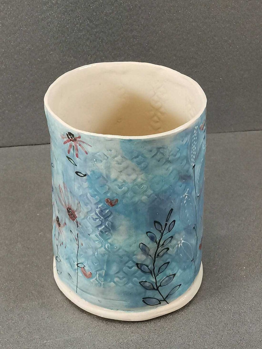 Ceramics & Pottery Kissed Frog Pottery | 0186 Blue Textured Flowers Vase