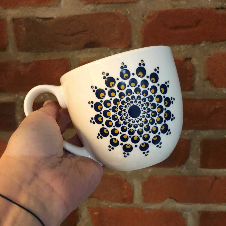 Gifts The Artful Dotter | Hand Painted Dot Mandala Large Mug: Navy With True Ochre