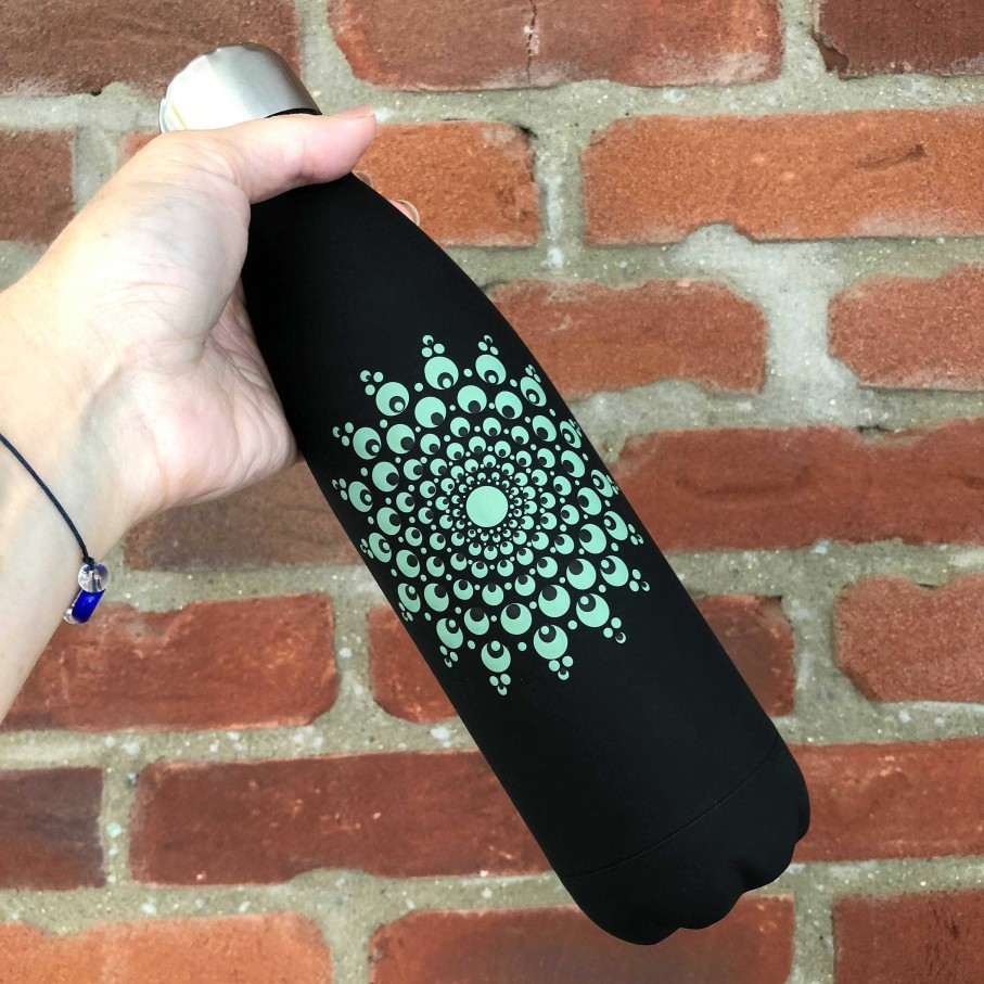 Gifts The Artful Dotter | Hand Painted Dot Mandala Thermal Water Bottle: Thicket Green With Black