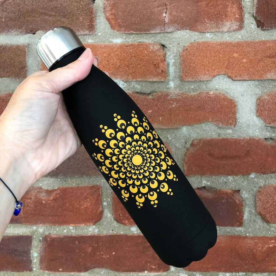 Gifts The Artful Dotter | Hand Painted Dot Mandala Thermal Water Bottle: True Ochre With Black