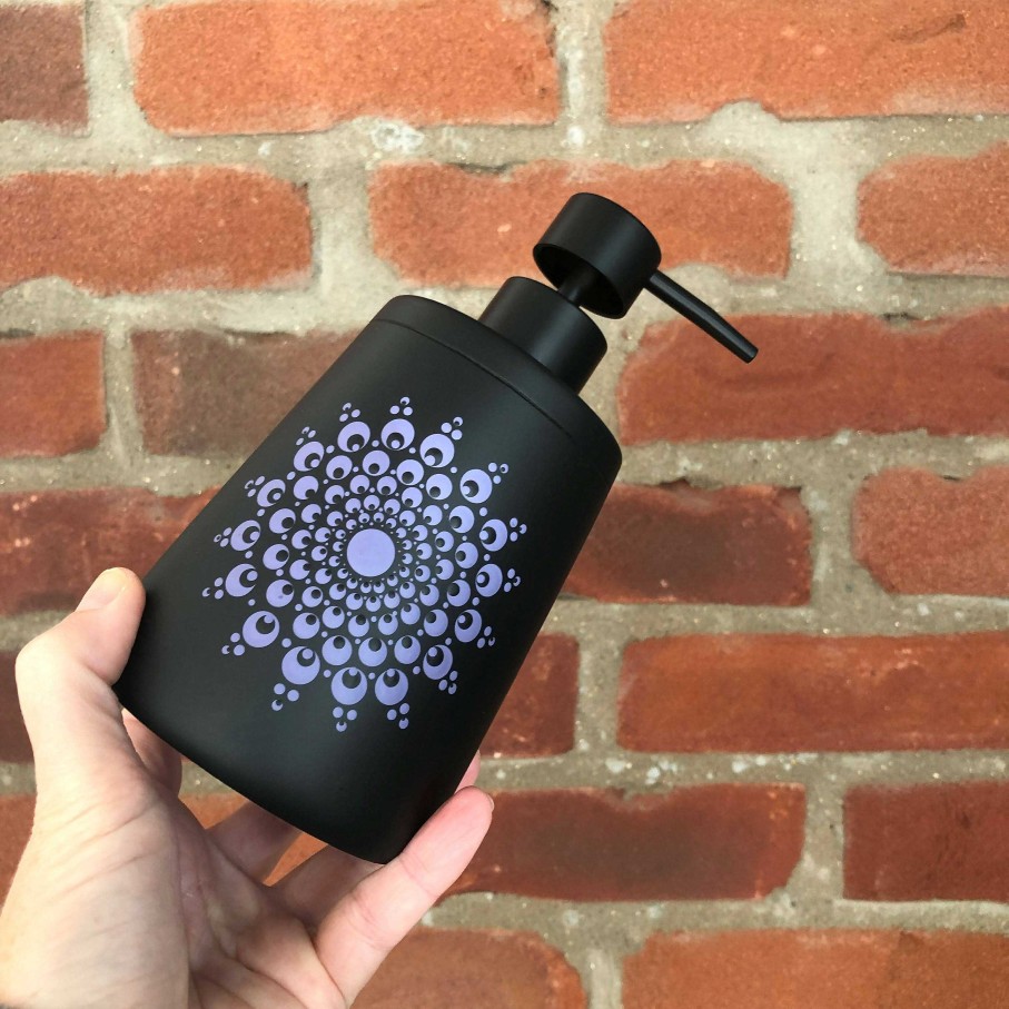 Gifts The Artful Dotter | Hand Painted Dot Mandala Boho Soap Dispenser: Purple Hydrangea With Black