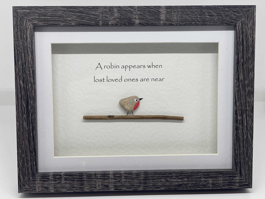 Gifts Pebble Art Design | A Robin Appears- Small (Light Frame)