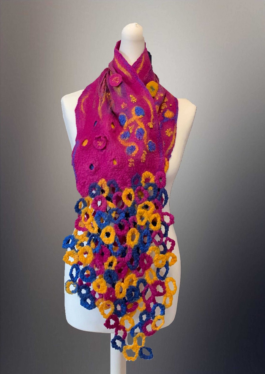 Accessories RP Felt Creations | Nuno Felt Scarf Dark Pink, Mustard And Dark Blue, Scarf With Circles At Each End