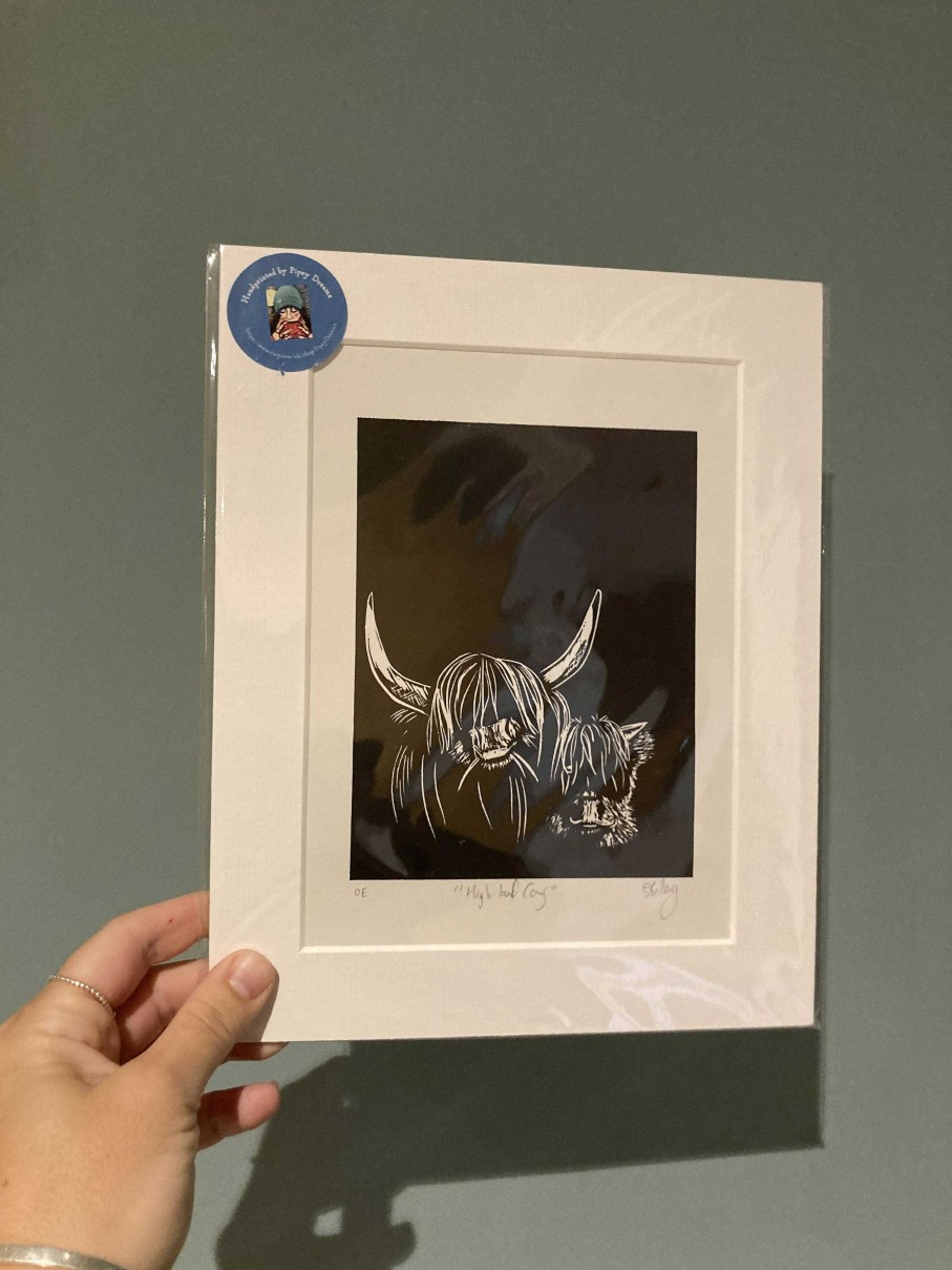 Gifts Pipey Dreams | Highland Cows Original Lino Print In Black