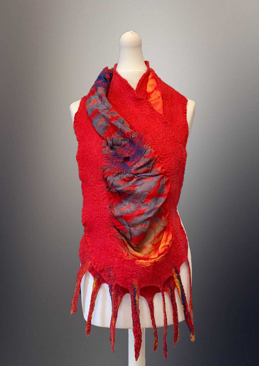 Accessories RP Felt Creations | Nuno Felt Scarf - Red Orange And Grey