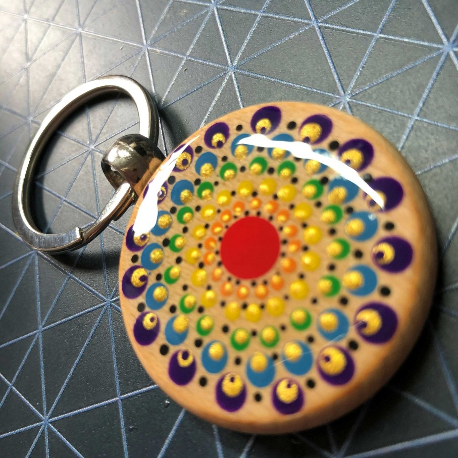 Gifts The Artful Dotter | Hand Painted Dot Mandala Wooden Key Ring: Rainbow With Silver