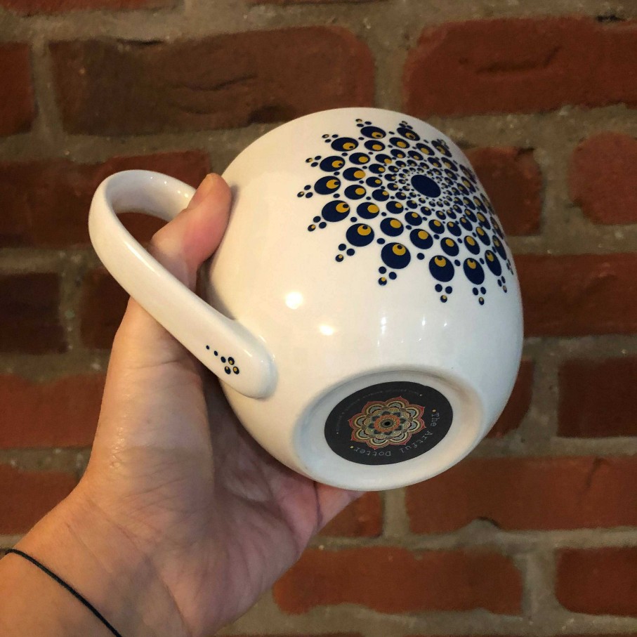 Gifts The Artful Dotter | Hand Painted Dot Mandala Large Mug: Navy With True Ochre