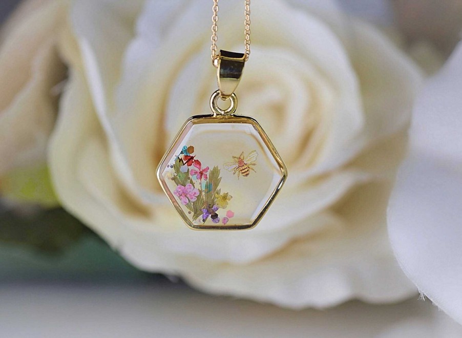 Gifts Amulet of Ashes | Gold Hexagon Flower & Bee Necklace