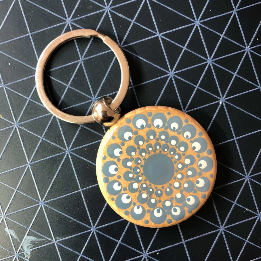 Accessories The Artful Dotter | Hand Painted Dot Mandala Wooden Key Ring: Williamsburg Blue With White