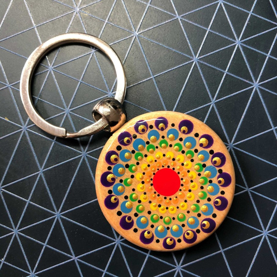 Gifts The Artful Dotter | Hand Painted Dot Mandala Wooden Key Ring: Rainbow With Gold