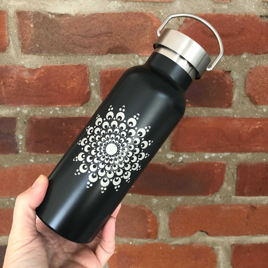 Gifts The Artful Dotter | Hand Painted Dot Mandala Thermal Infuser Flask: Cobblestone Grey With Black