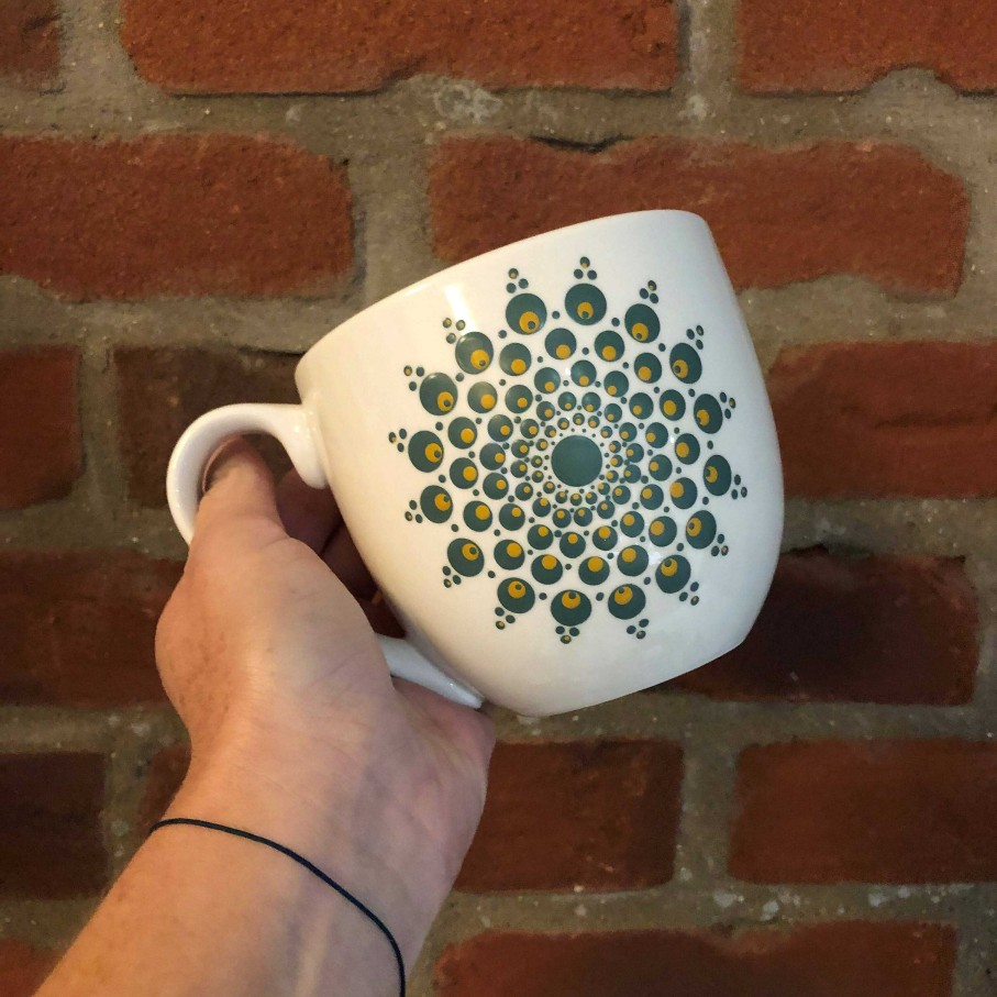 Gifts The Artful Dotter | Hand Painted Dot Mandala Large Mug: Deep Green With True Ochre