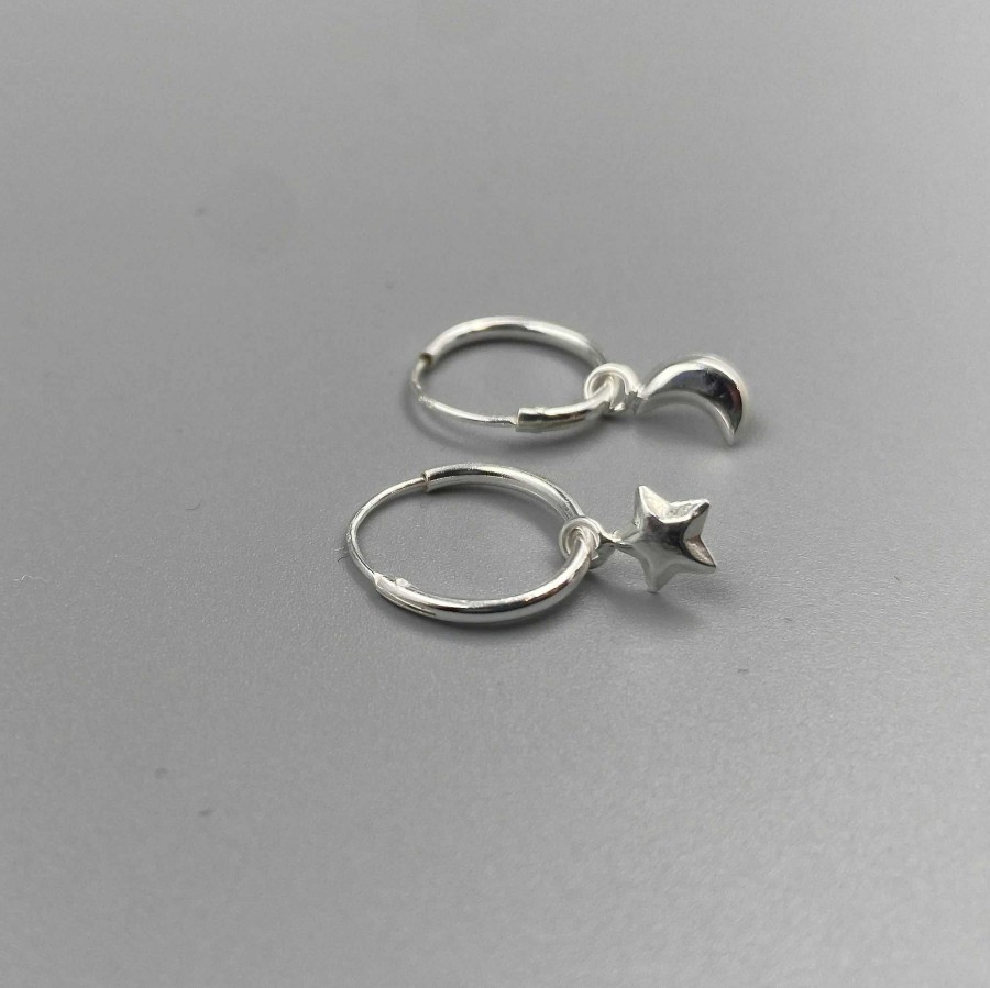 Gifts Hollie Tree Silver | Moon And Star Mini Hoop Earrings In Sterling Silver