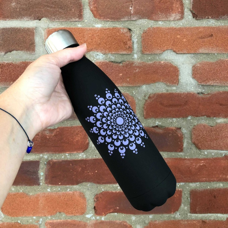 Gifts The Artful Dotter | Hand Painted Dot Mandala Thermal Water Bottle: Purple Hydrangea With Black