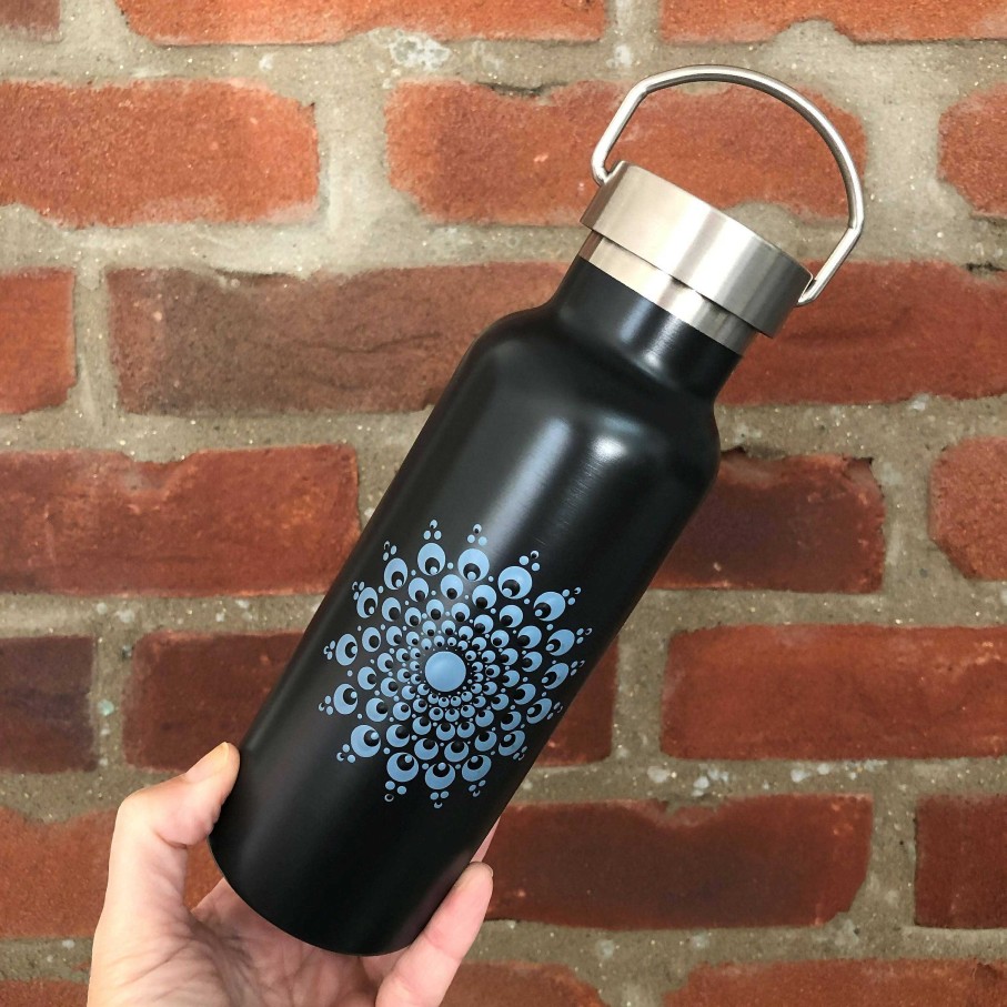 Gifts The Artful Dotter | Hand Painted Dot Mandala Thermal Infuser Flask: Williamsburg Blue With Black