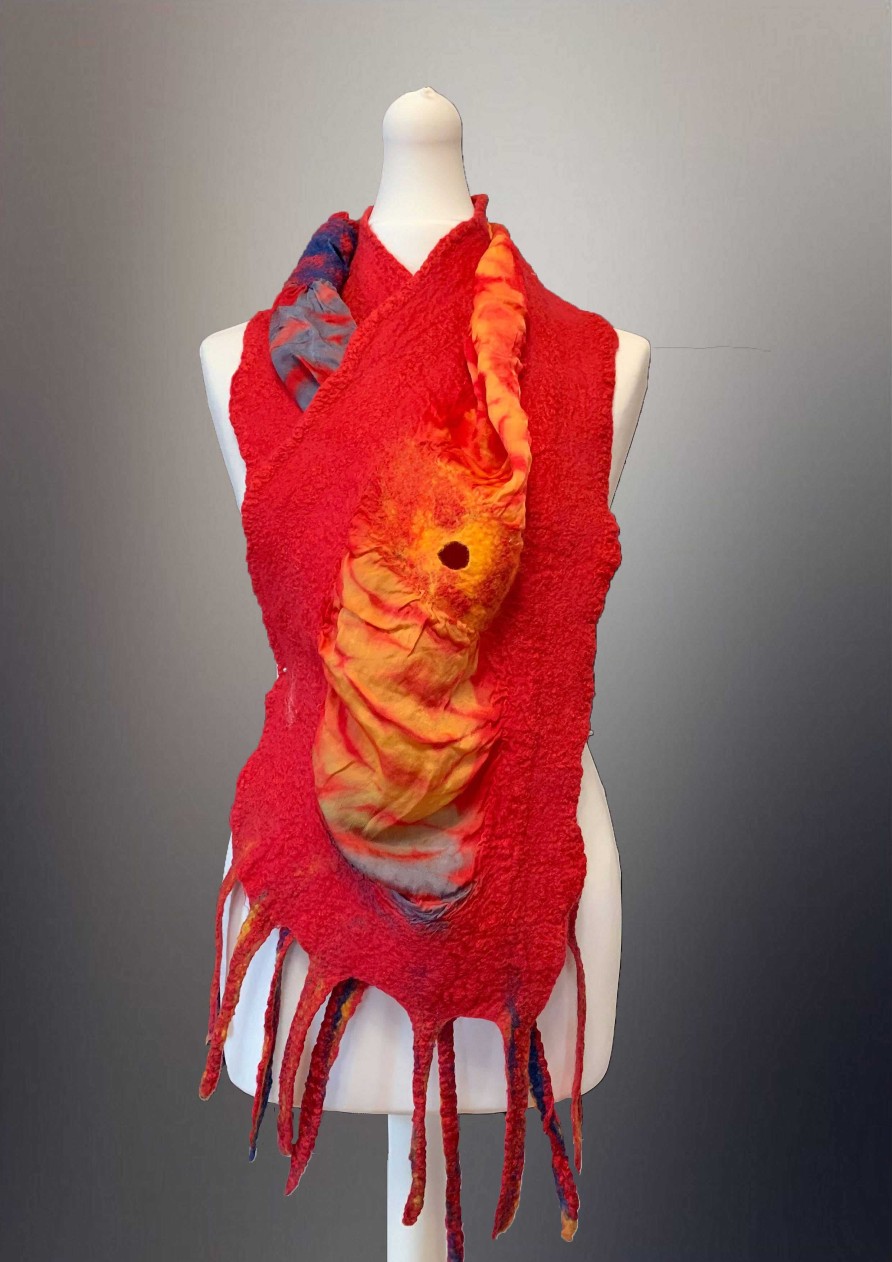 Accessories RP Felt Creations | Nuno Felt Scarf - Red Orange And Grey