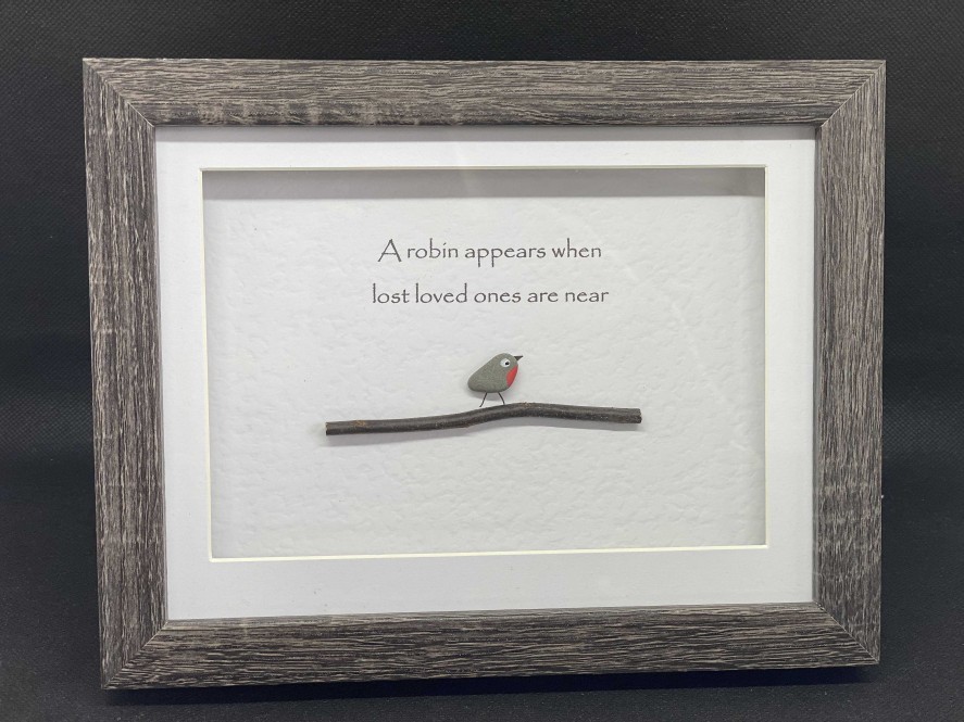 Gifts Pebble Art Design | A Robin Appears- Small (Light Frame)