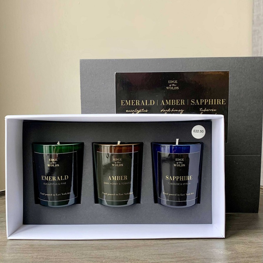 Gifts Edge of the Wolds | Edge Of The Wolds Amber | Emerald | Sapphire Scented Candle Collection 3X75G