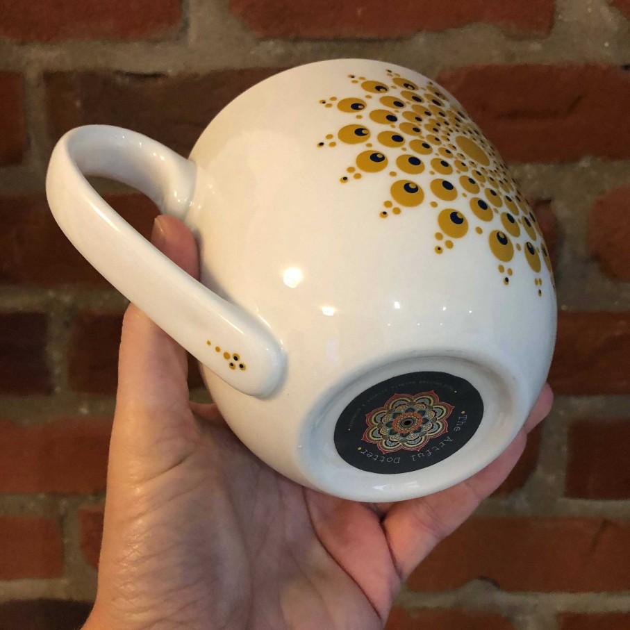 Gifts The Artful Dotter | Hand Painted Dot Mandala Large Mug: True Ochre With Navy