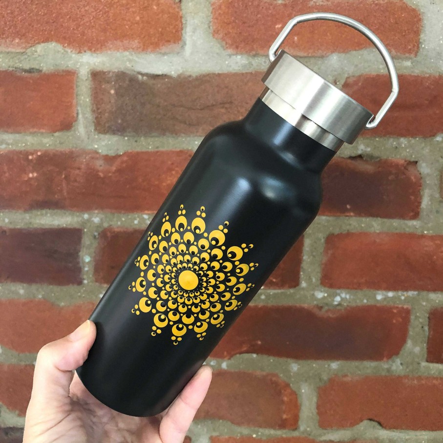 Gifts The Artful Dotter | Hand Painted Dot Mandala Thermal Infuser Flask: True Ochre With Black