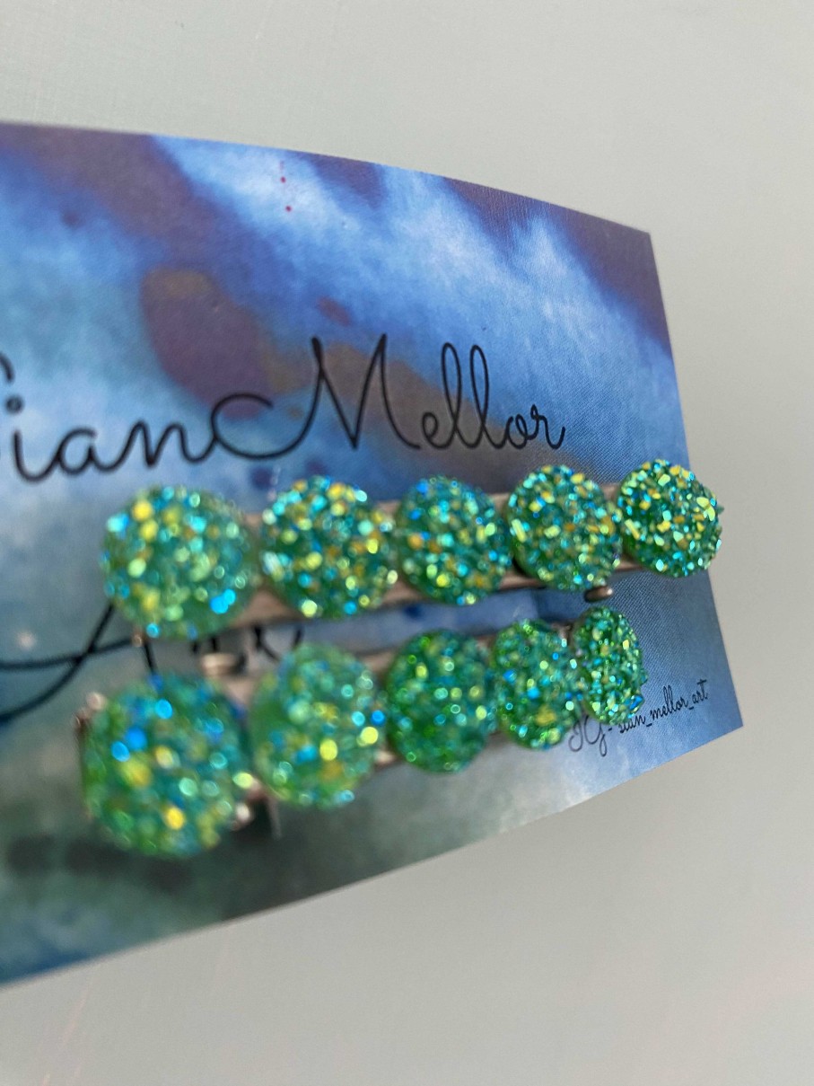 Accessories The Mellors Create | Green Glitter Hair Clips Set Of 2