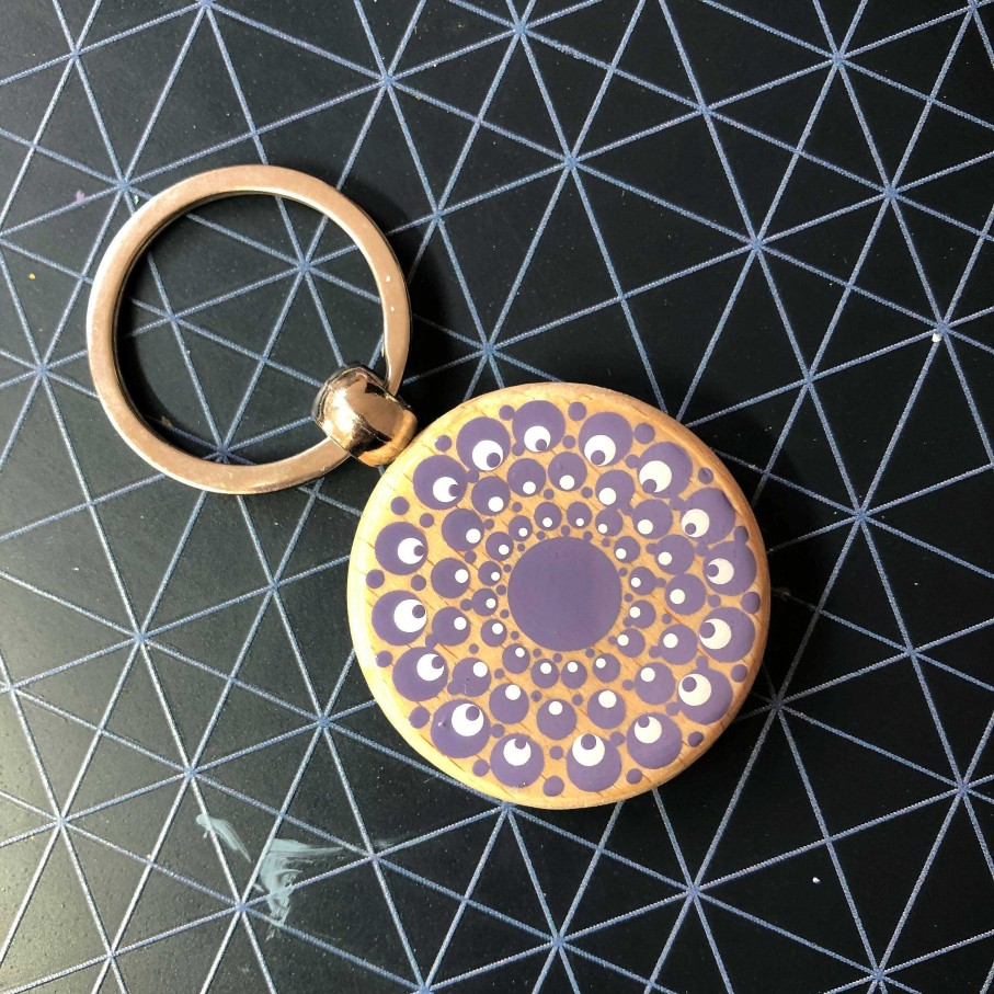 Gifts The Artful Dotter | Hand Painted Dot Mandala Wooden Key Ring: Purple Hydrangea With White