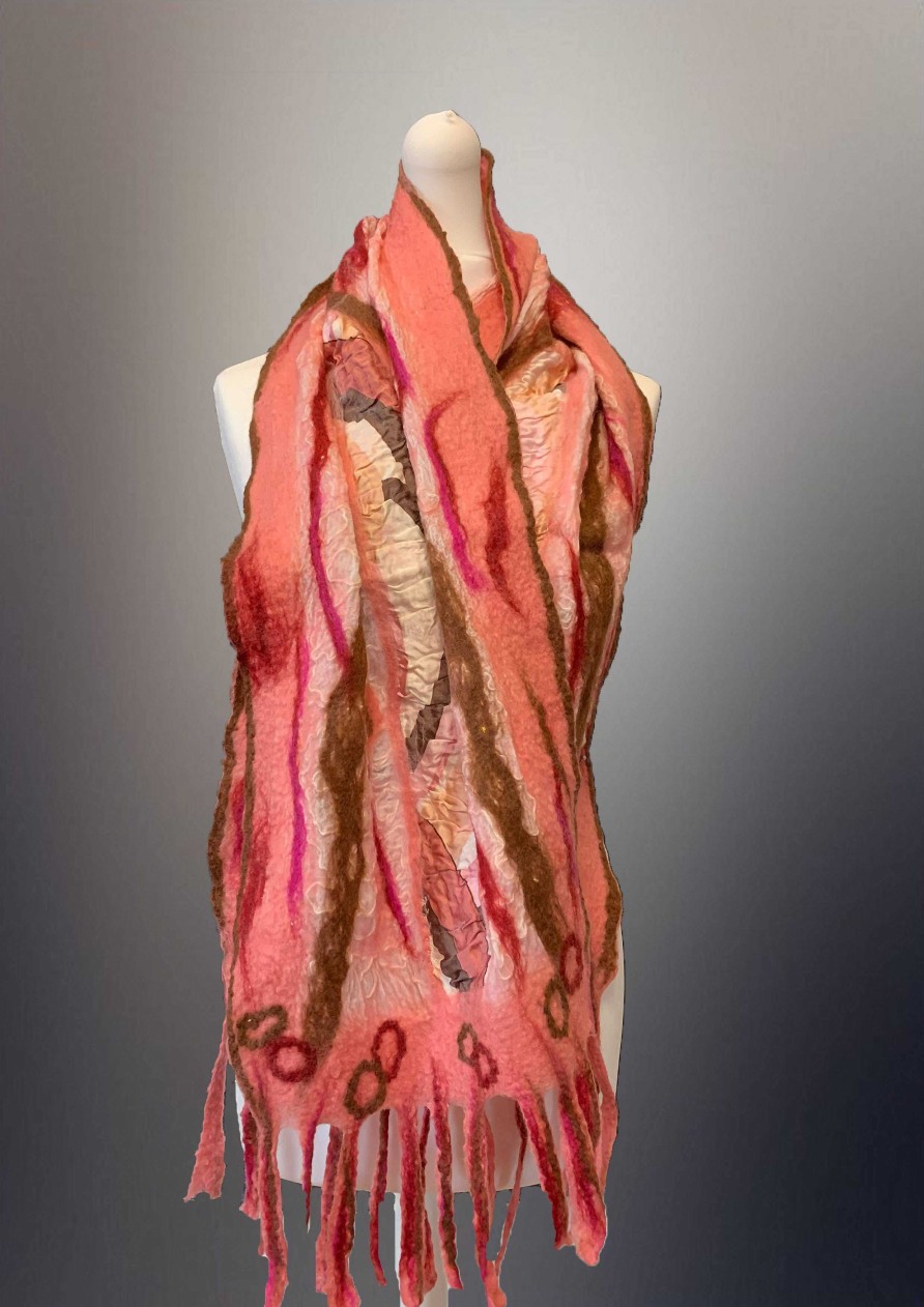 Accessories RP Felt Creations | Nuno Felt Scarf Pink, Brown And Dark Pink Long Nuno Felt Scarf