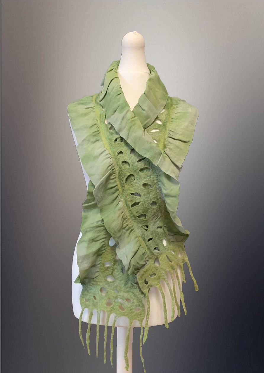 Accessories RP Felt Creations | Nuno Felt Scarf Olive Ruffle Scarf