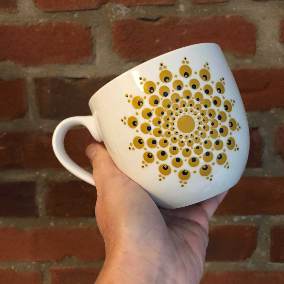 Gifts The Artful Dotter | Hand Painted Dot Mandala Large Mug: True Ochre With Navy