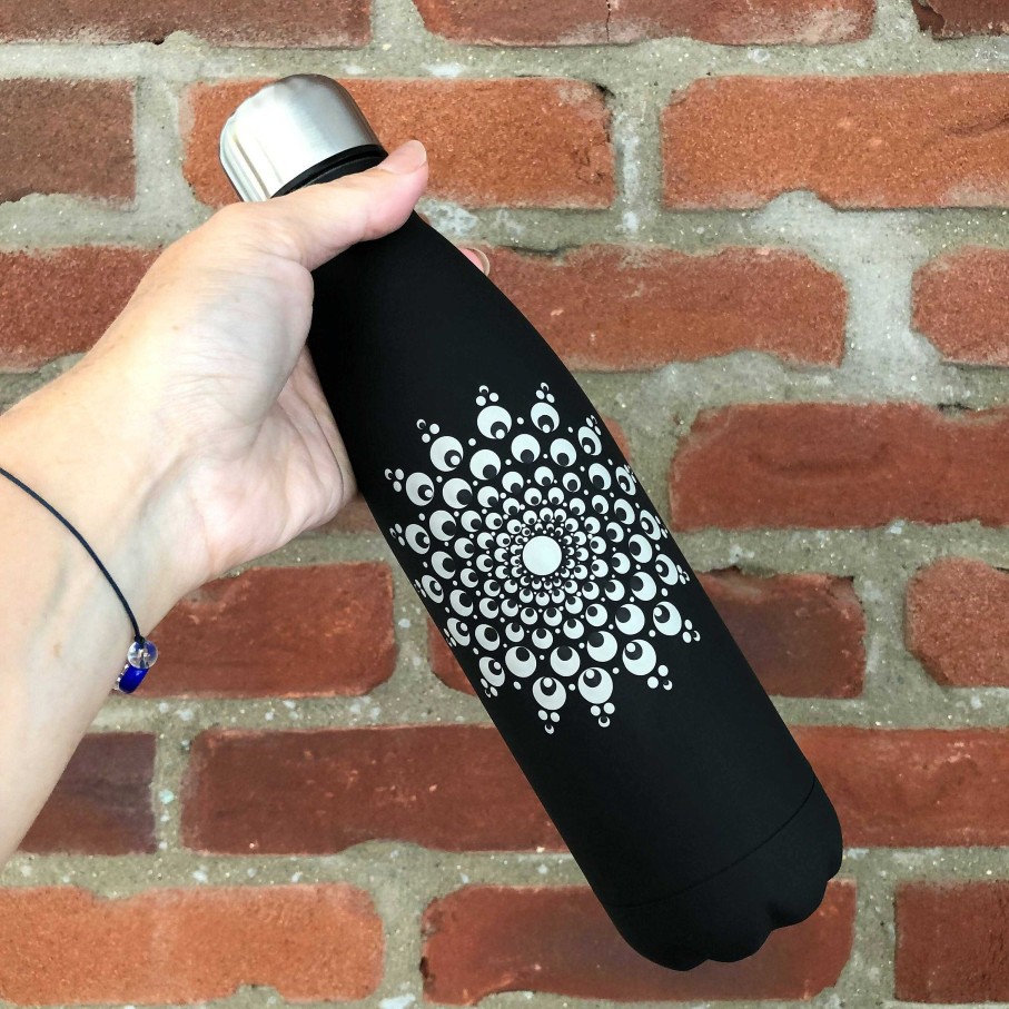 Gifts The Artful Dotter | Hand Painted Dot Mandala Thermal Water Bottle: Cobblestone Grey With Black