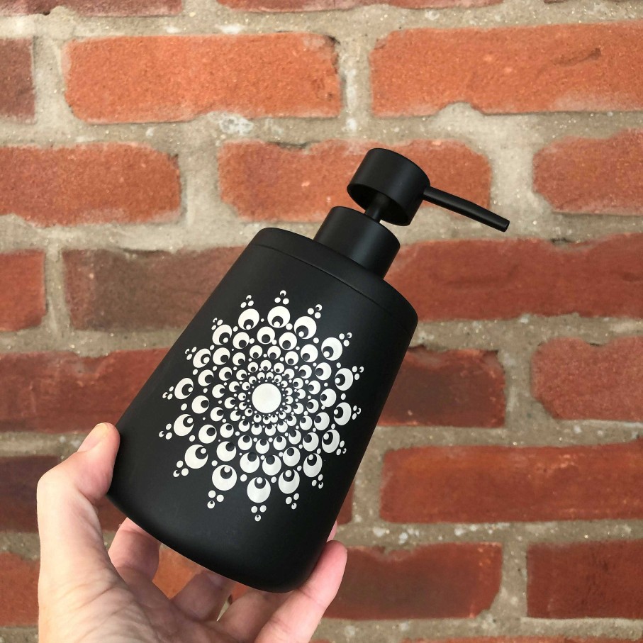 Gifts The Artful Dotter | Hand Painted Dot Mandala Boho Soap Dispenser: Cobblestone Grey With Black