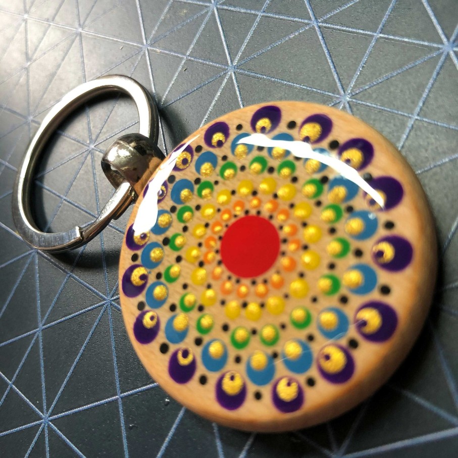 Gifts The Artful Dotter | Hand Painted Dot Mandala Wooden Key Ring: Rainbow With Silver