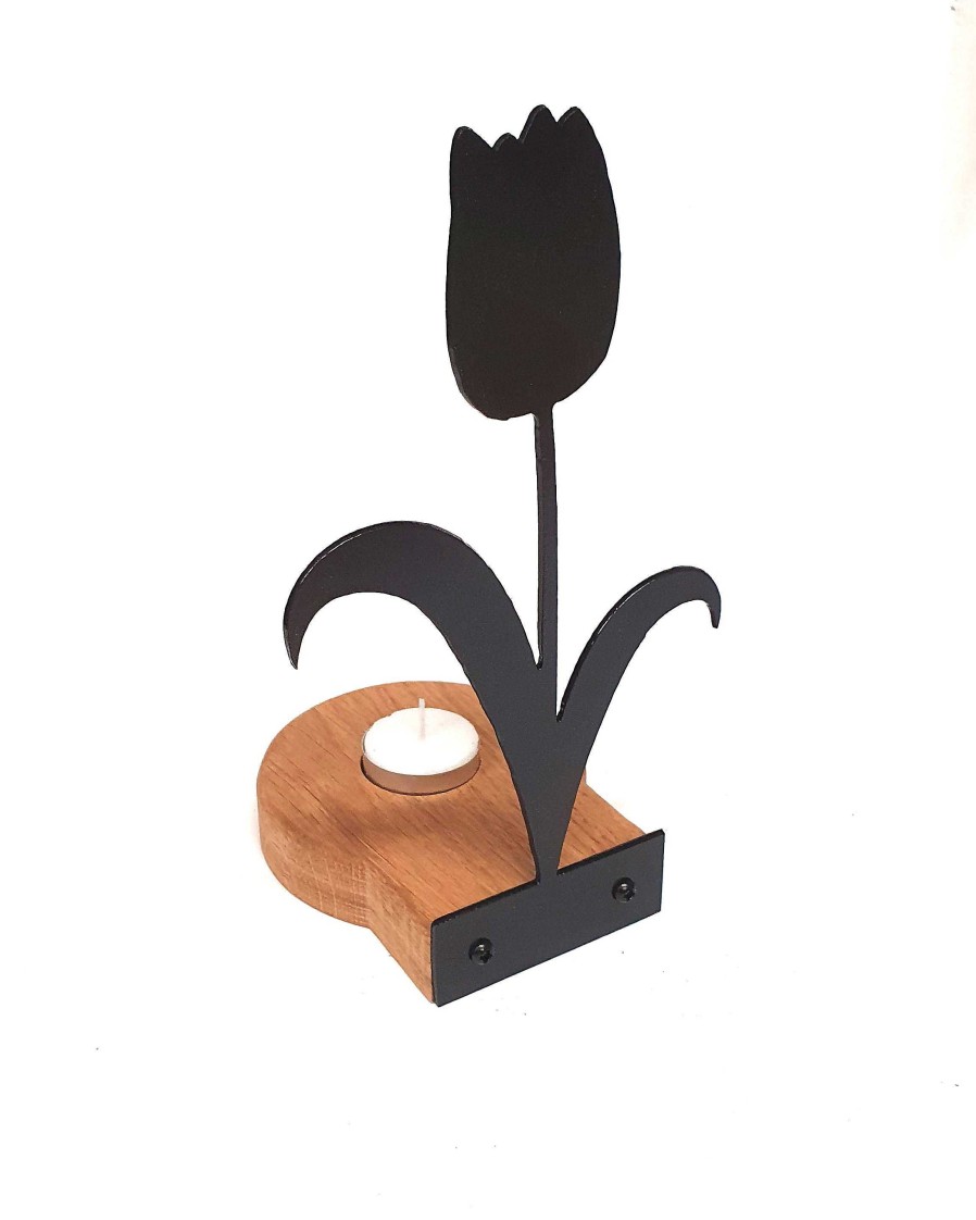 Gifts Westfield Oak Design | Assorted Black Metal And Oak Tea Light Holder Flower